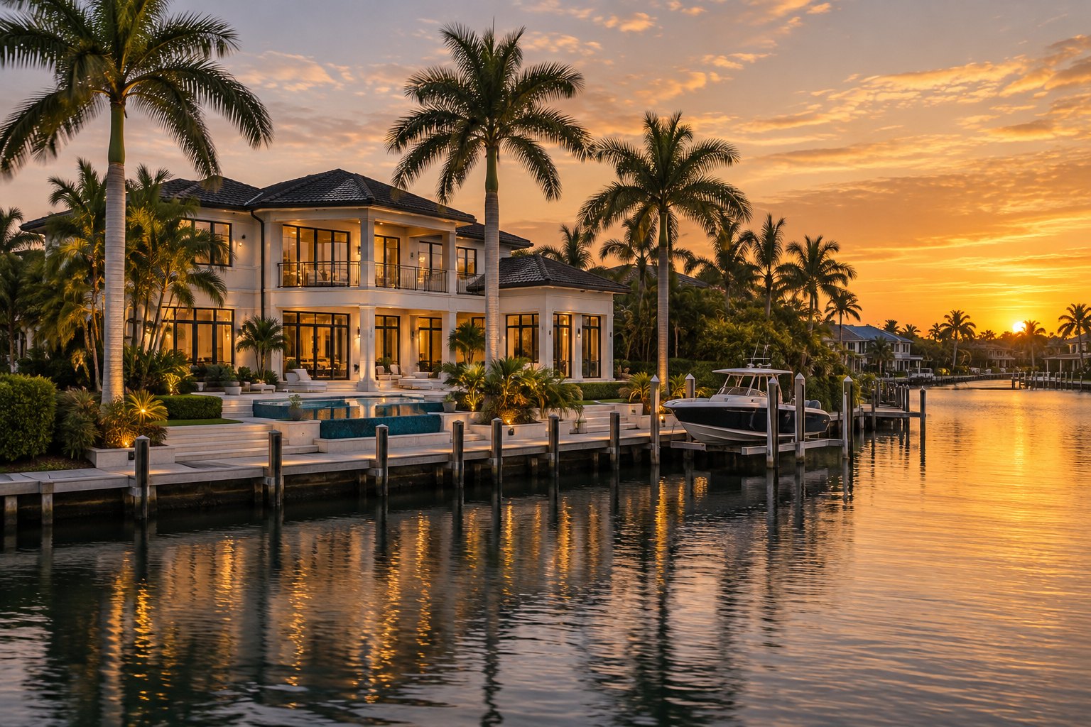 A Naples waterfront home on a Gulf canal at golden hour, illustrative