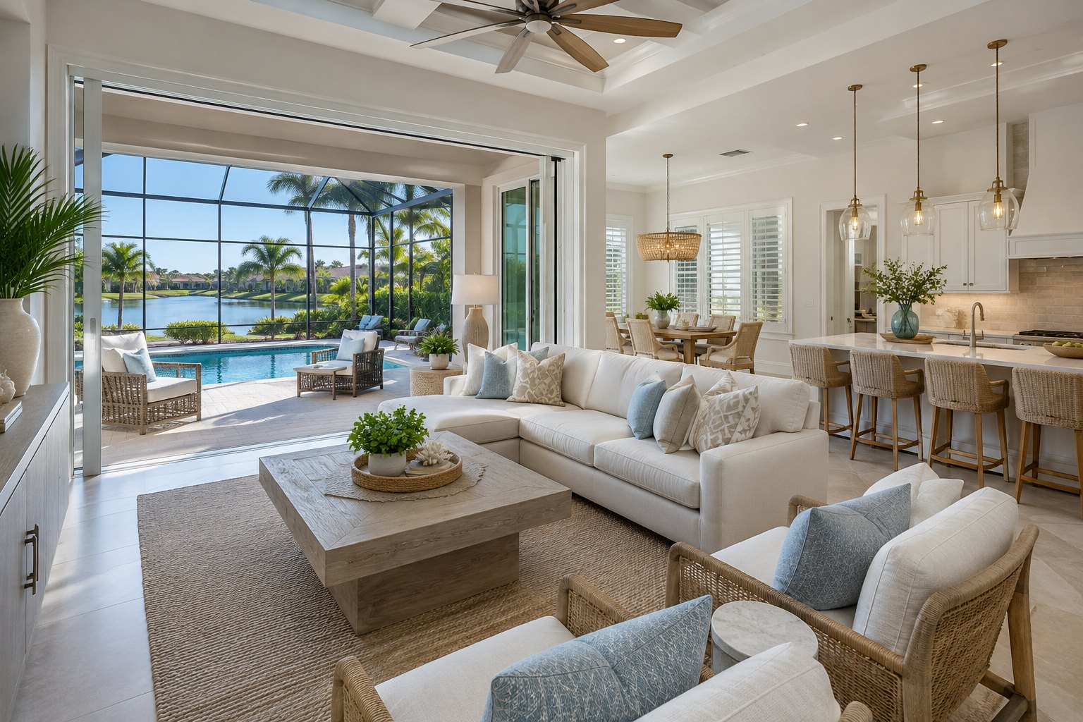 A bright Naples great room opening to a lanai and pool, illustrative